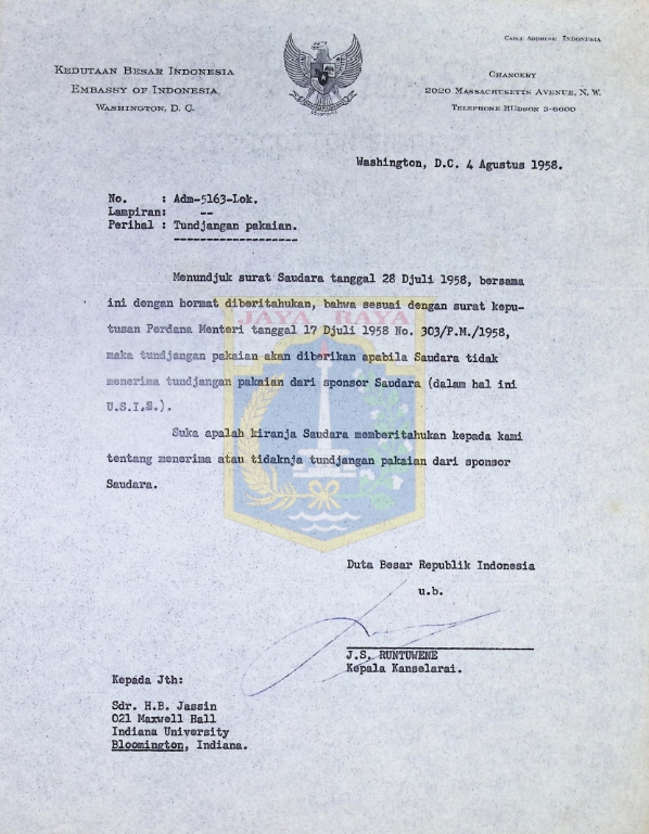 Surat J.S. Runtuwene untuk HB Jassin (4 Agustus 1958)