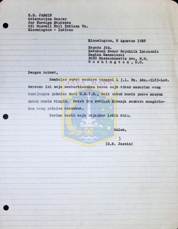 Surat balasan HB Jassin untuk Kedutaan Besar Indonesia bagian Kanselarai (9 Agustus 1958)