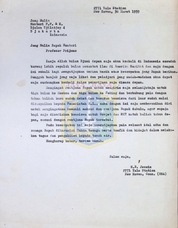 Surat HB Jassin untuk Bapak Menteri Profesor Prijono (30 Maret 1959)