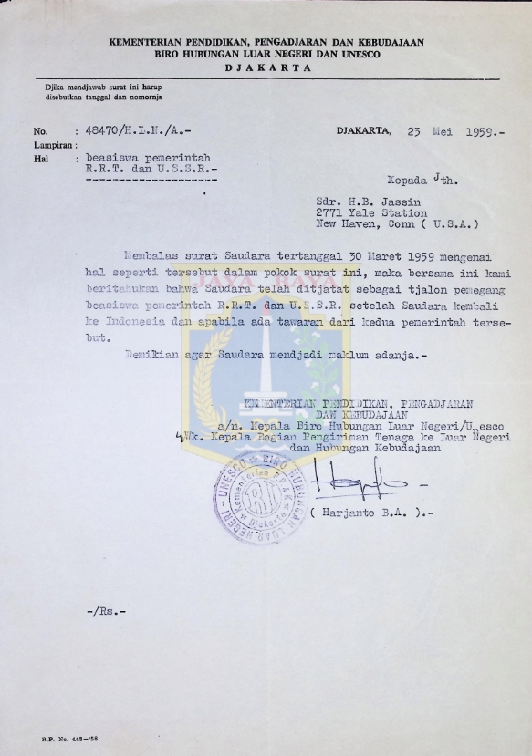 Surat untuk HB Jassin dari Harjanto B.A. (23 Mei 1959)