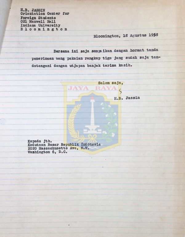 Surat HB Jassin untuk Kedutaan Besar Republik Indonesia (18 Agustus 1958)