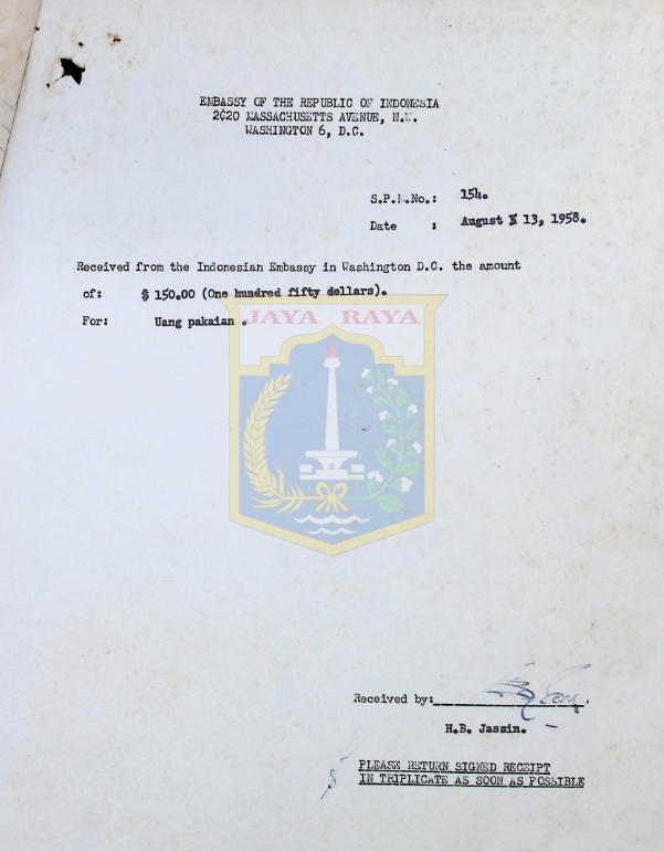 Tanda terima H.B. Jassin dari Kedutaan Besar Republik Indonesia (13 Agustus 1958)