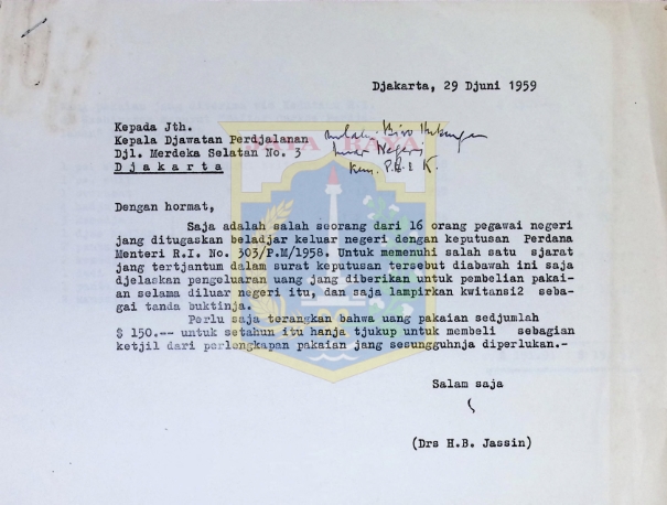 Surat HB Jassin untuk Kepala Djawatan Perdjalanan (29 Juni 1959)