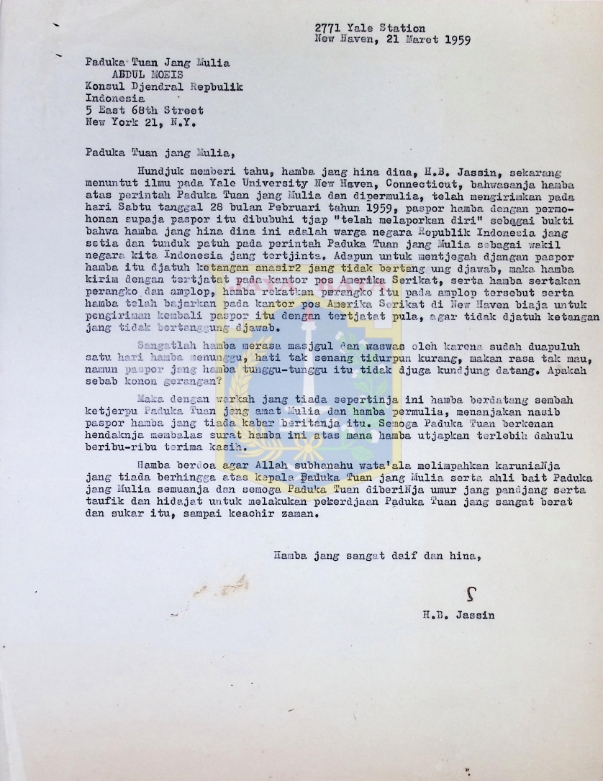 Surat HB Jassin untuk Abdul Moeis (21 Maret 1959)