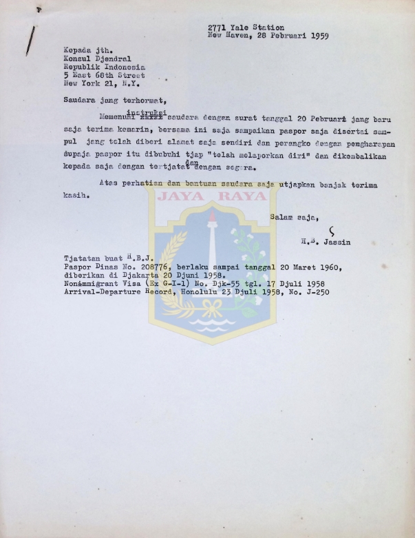 Surat HB Jassin untuk Konsul Djendral Republik Indonesia (28 Februari 1959)