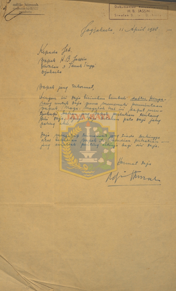 Surat dari Adjib Hamzah kepada H. B. Jassin