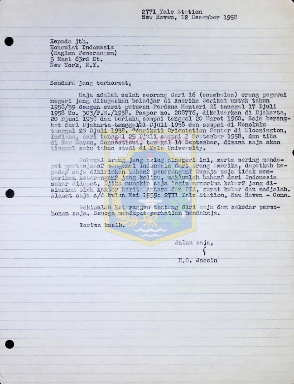 Surat HB Jassin untuk Konsulat Indonesia bagian penerangan (12 Desember 1958)