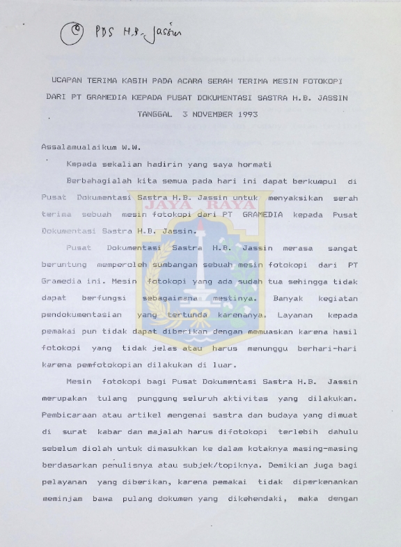 Ucapan terima kasih pada acara serah terima mesin fotokopi dari PT Gramedia kepada Pusat Dokumentasi Sastra H.B. Jassin tanggal 3 November 1993