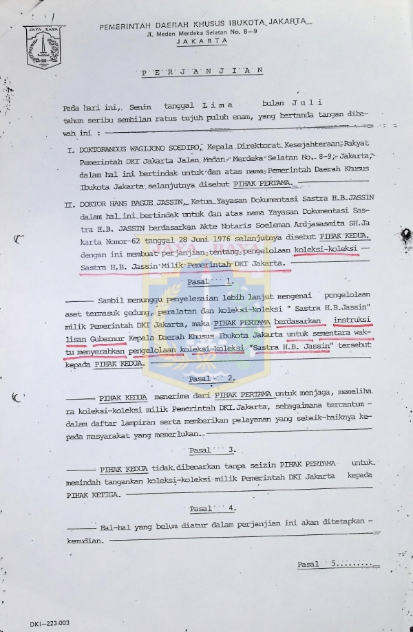 Surat perjanjian tentang pengelolaan aset koleksi-koleksi sastra H.B. Jassin