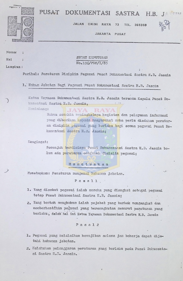 Surat keputusan perihal peraturan disiplin pegawai Pusat Dokumentasi Sastra H.B. Jassin