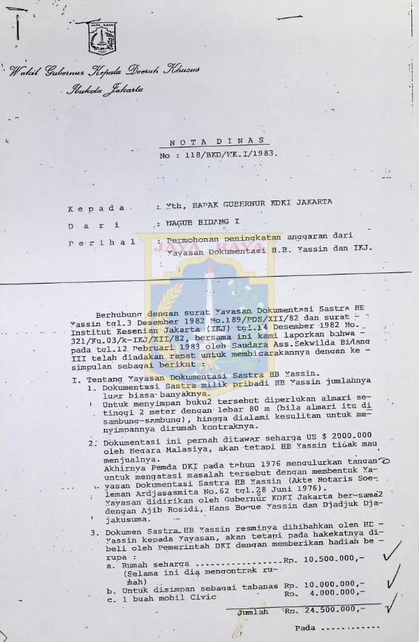 Nota dinas perihal permohonan peningkatan anggaran dari Yayasan Dokumentasi H.B. Jassin dan IKJ
