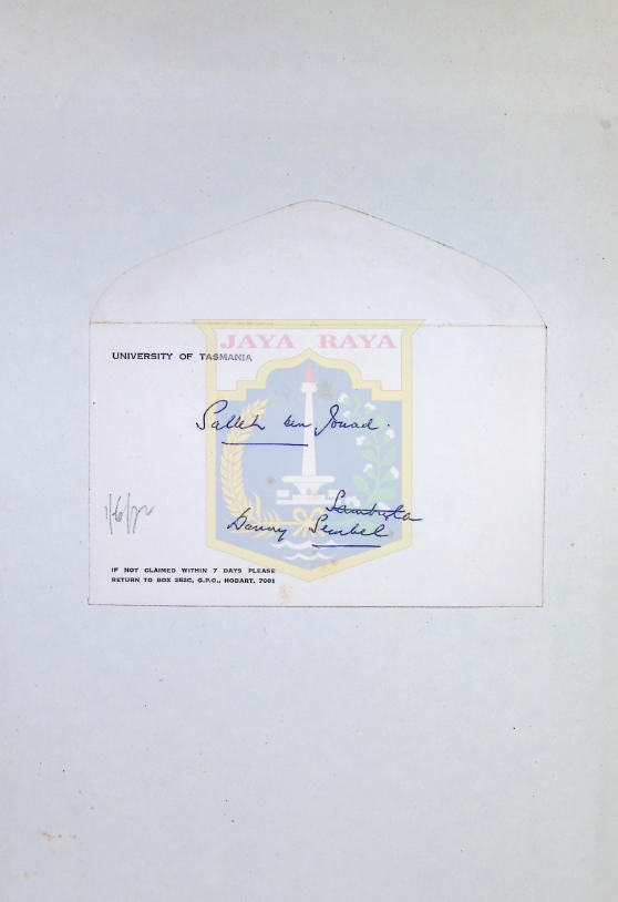 Surat untuk HB Jassin dari Universitas Tasmania tahun 1972