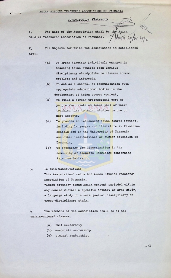 Asian studies teachers' association of tasmania constitution (extract)