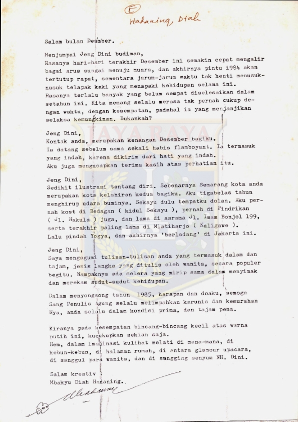 Surat dari Diah Hadaning untuk Dini Budiman