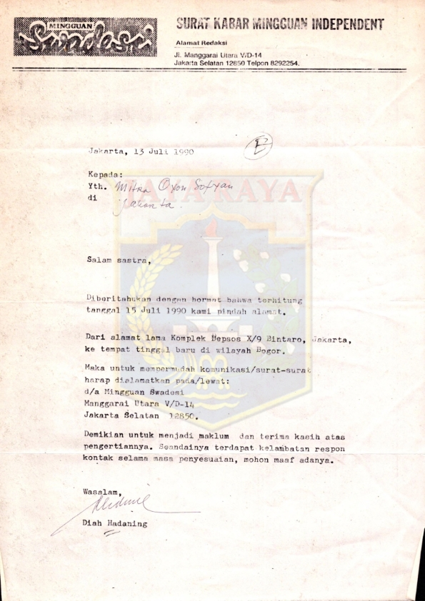 Surat dari Diah Hadaning (Swadesi) untuk Oyon Sofyan