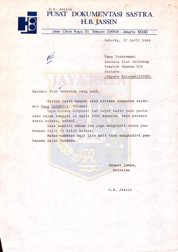 Surat dari H.B. Jassin untuk Diah Hadaning