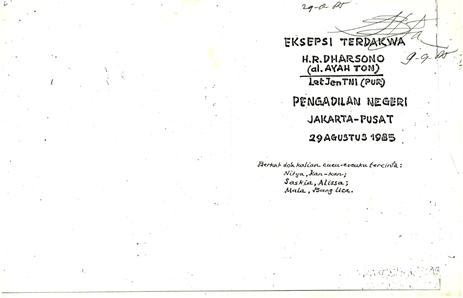 Eksepsi terdakwa H.R. Dharsono (al. ayah ton) letjen TNI (PUR)