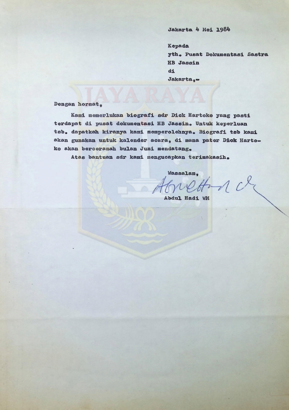 Surat dari Abdul Hadi WM untuk PDS H.B. Jassin