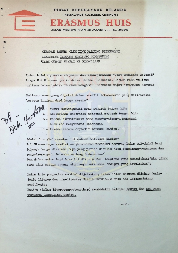 Ceramah Sastra oleh Dick Hartoko "Dari Cermin Sampai Ke Bianglala"