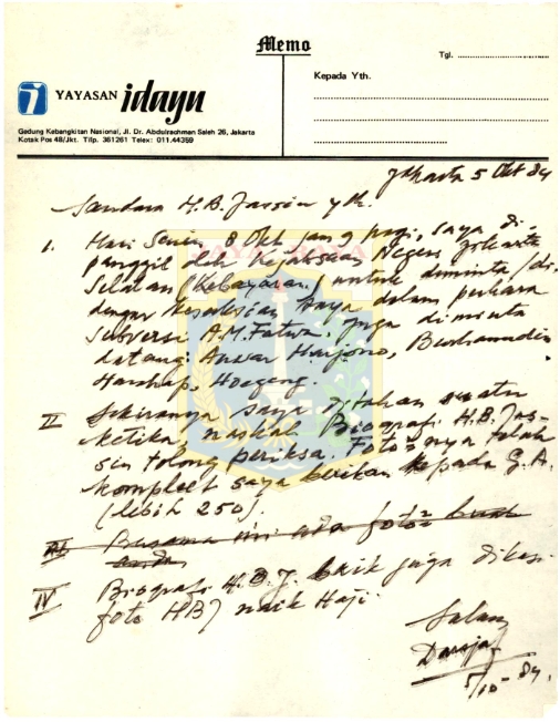 Surat tulisan tangan Darsjaf untuk H.B. Jassin (5 Oktober 1984)