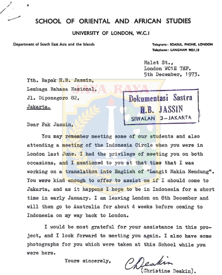 Surat Cristinie Deakin untuk H.B. Jassin