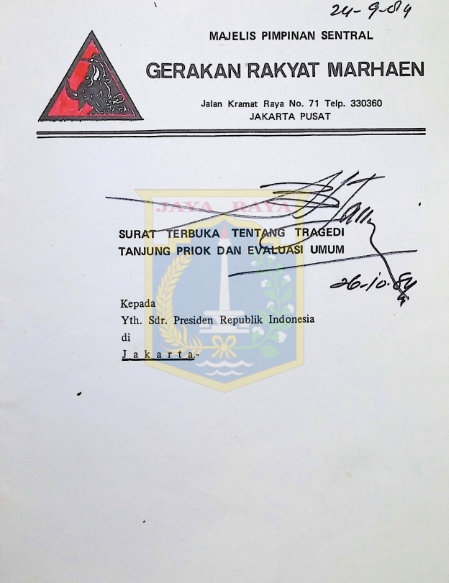 Surat terbuka tentang tragedi Tanjung Priok dan evaluasi umum / Selamat Ginting