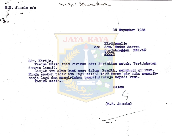Kumpulan surat balasan H.B. Jassin kepada Kirdjomuljo