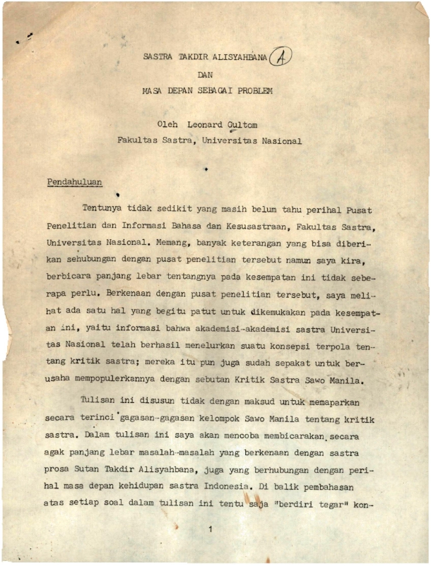 Sastra takdir Alisyahbana dan masa depan sebagai problem