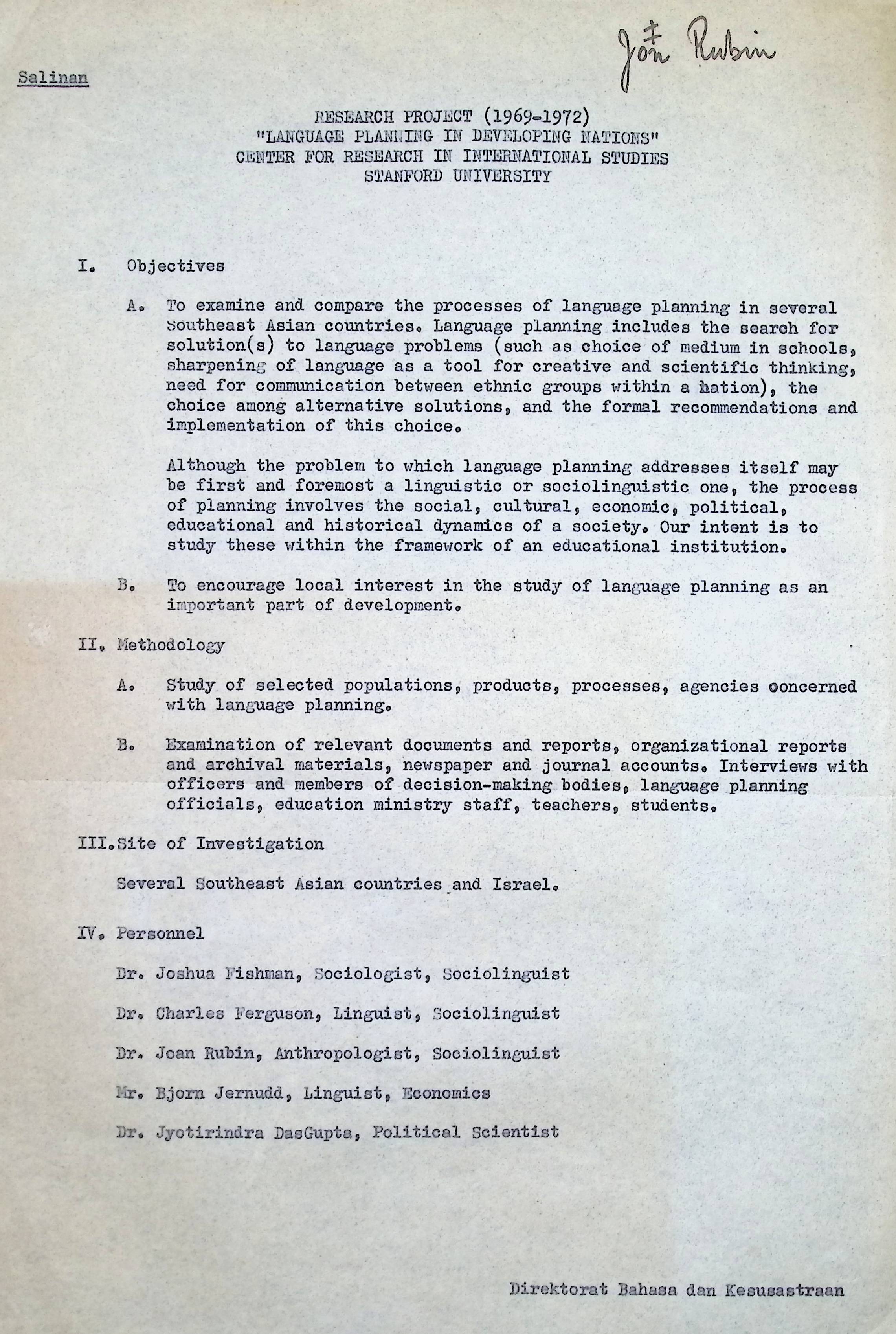 Research Project (1969-1972) "language planning in developing nations" center for reseach in internasional studies Stanford University