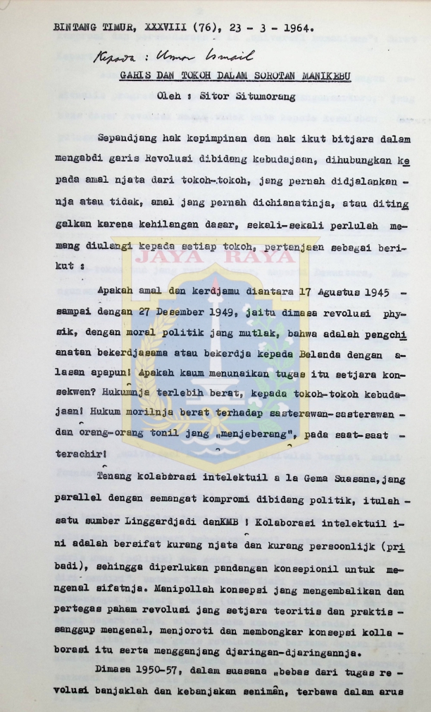 Garis dan tokoh dalam sorotan manikebu / Sitor Situmorang