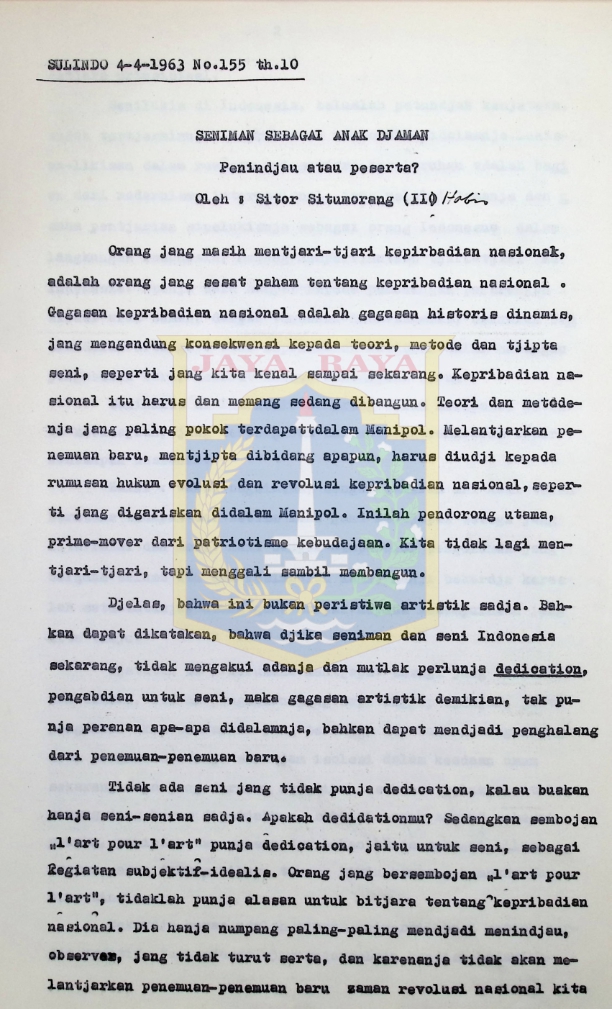 Seniman sebagai anak djaman penindjau atau peserta