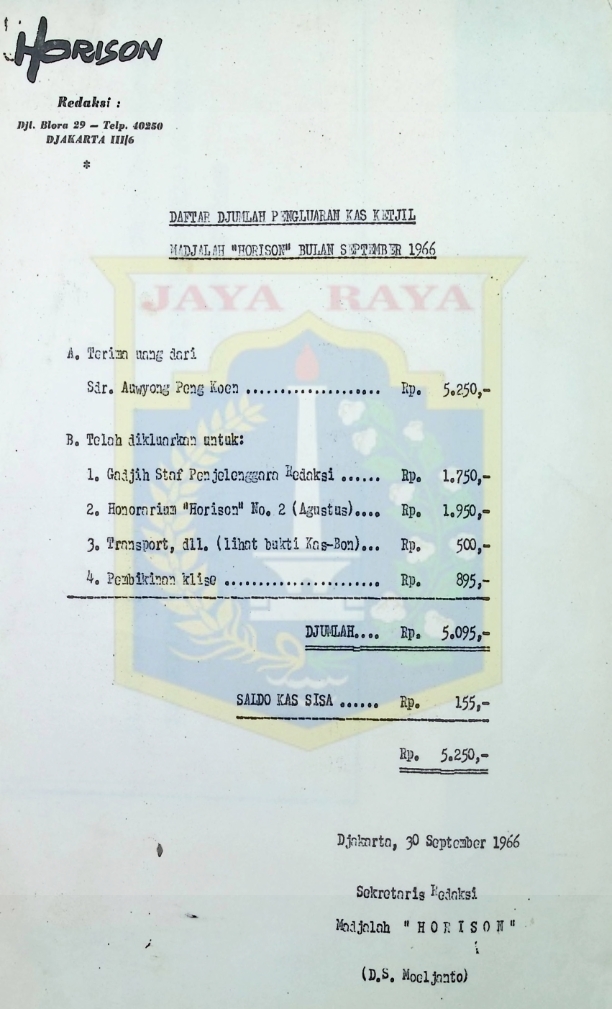Daftar djumlah pengeluaran kas ketjil madjalah horison bulan september 1966