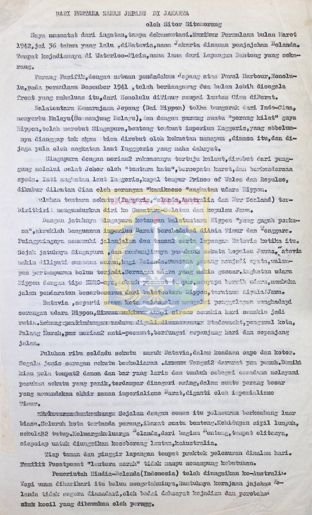 Hari pertama zaman Jepang di Jakarta / Sitor Situmorang