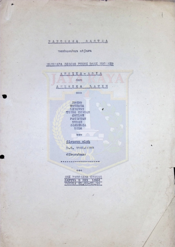 Panorama sastra : Beberapa berkas puisi dari negeri-negri Afrika - Asia dan Amerika Latin disusun oleh D.S. Moeljanto