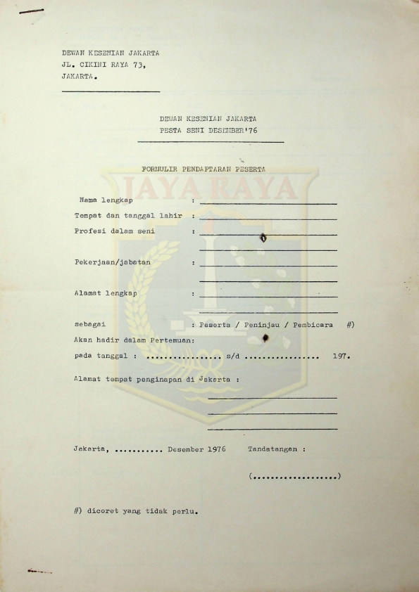 Formulir pendaftaran peserta Pesta Seni Desember'76