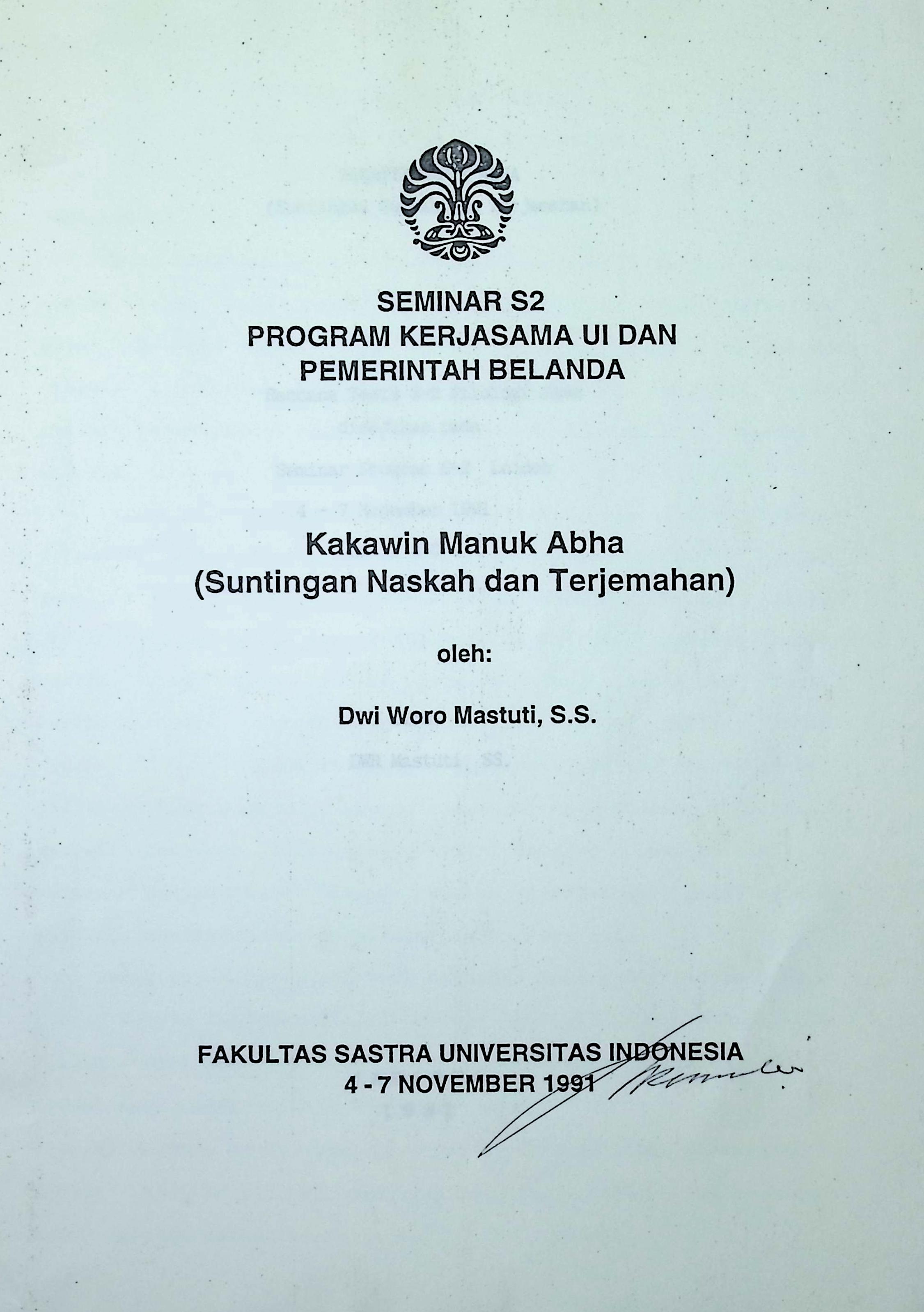 Kakawin manuk abha (suntingan naskah dan terjemahan)