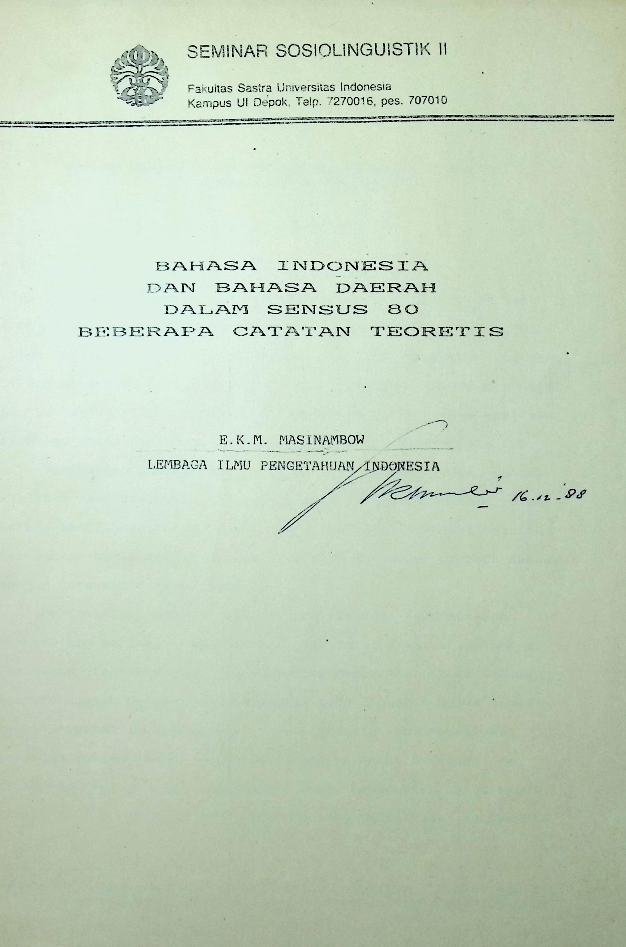 Bahasa Indonesia dan bahasa daerah dalam sensus 80 beberapa catatan teoritis