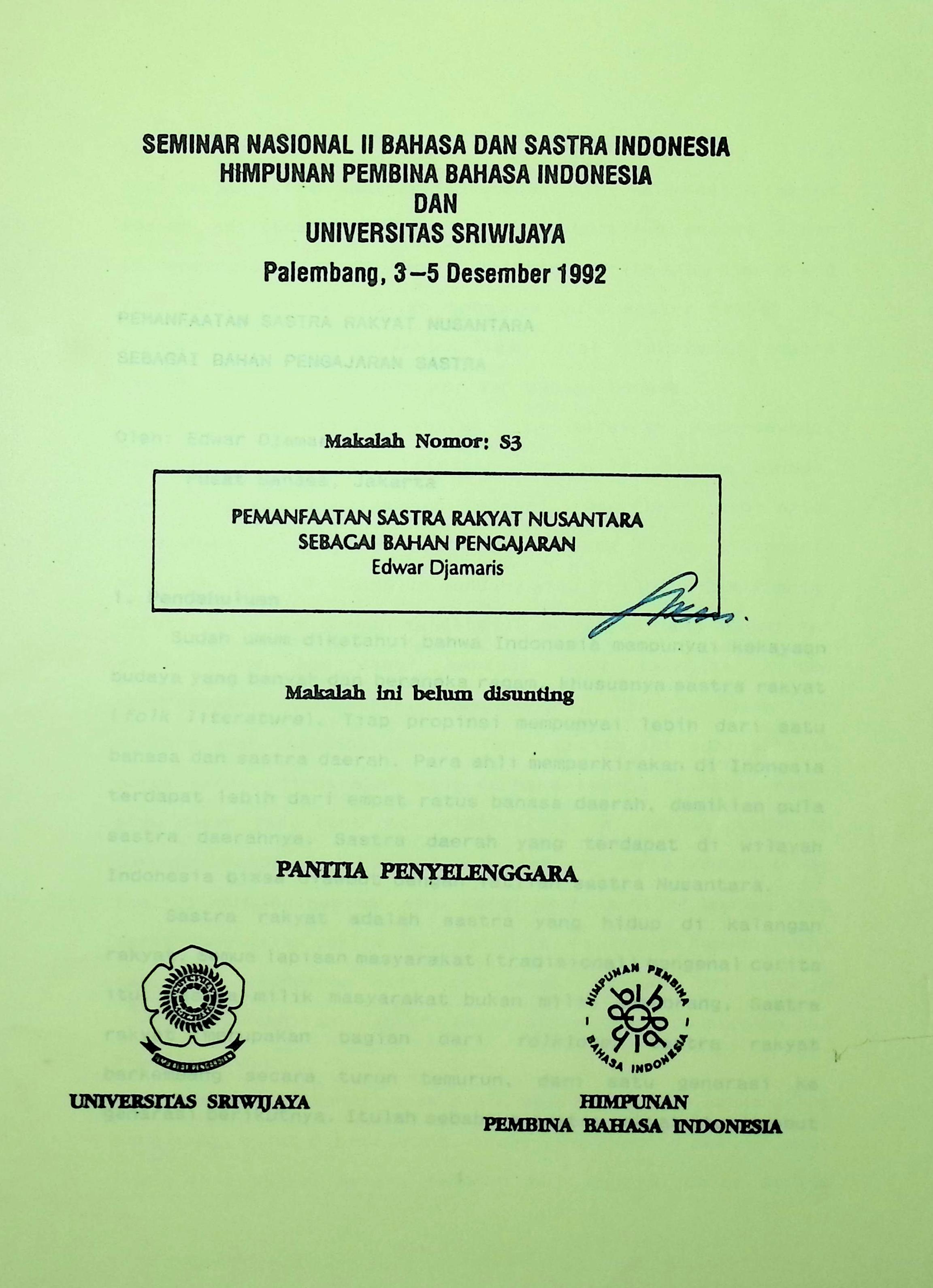 Pemanfaatan sastra rakyat nusantara sebagai bahan pengajaran