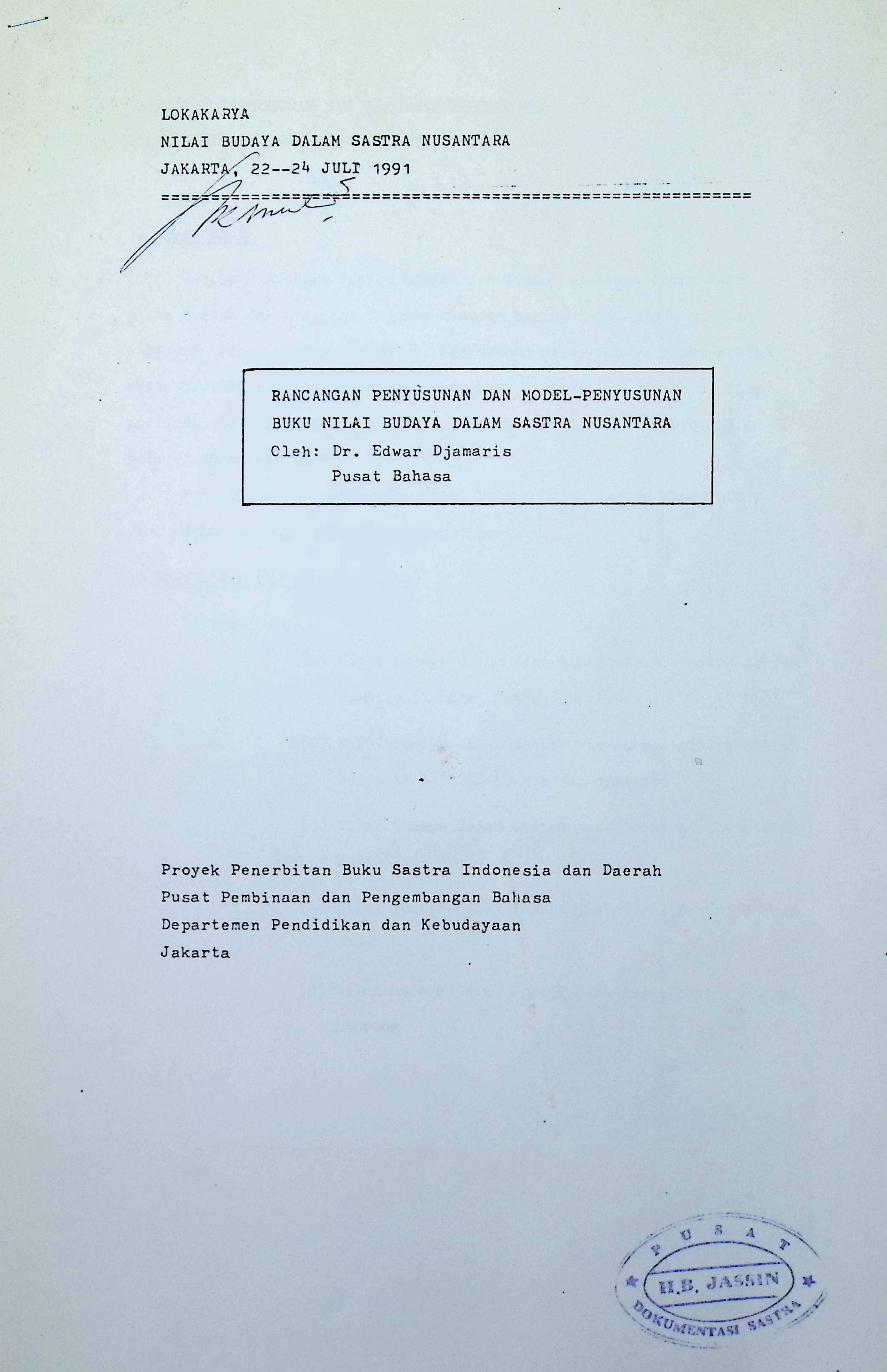 Rancangan penyusunan dan model-penyusunan buku nilai budaya dalam sastra nusantara