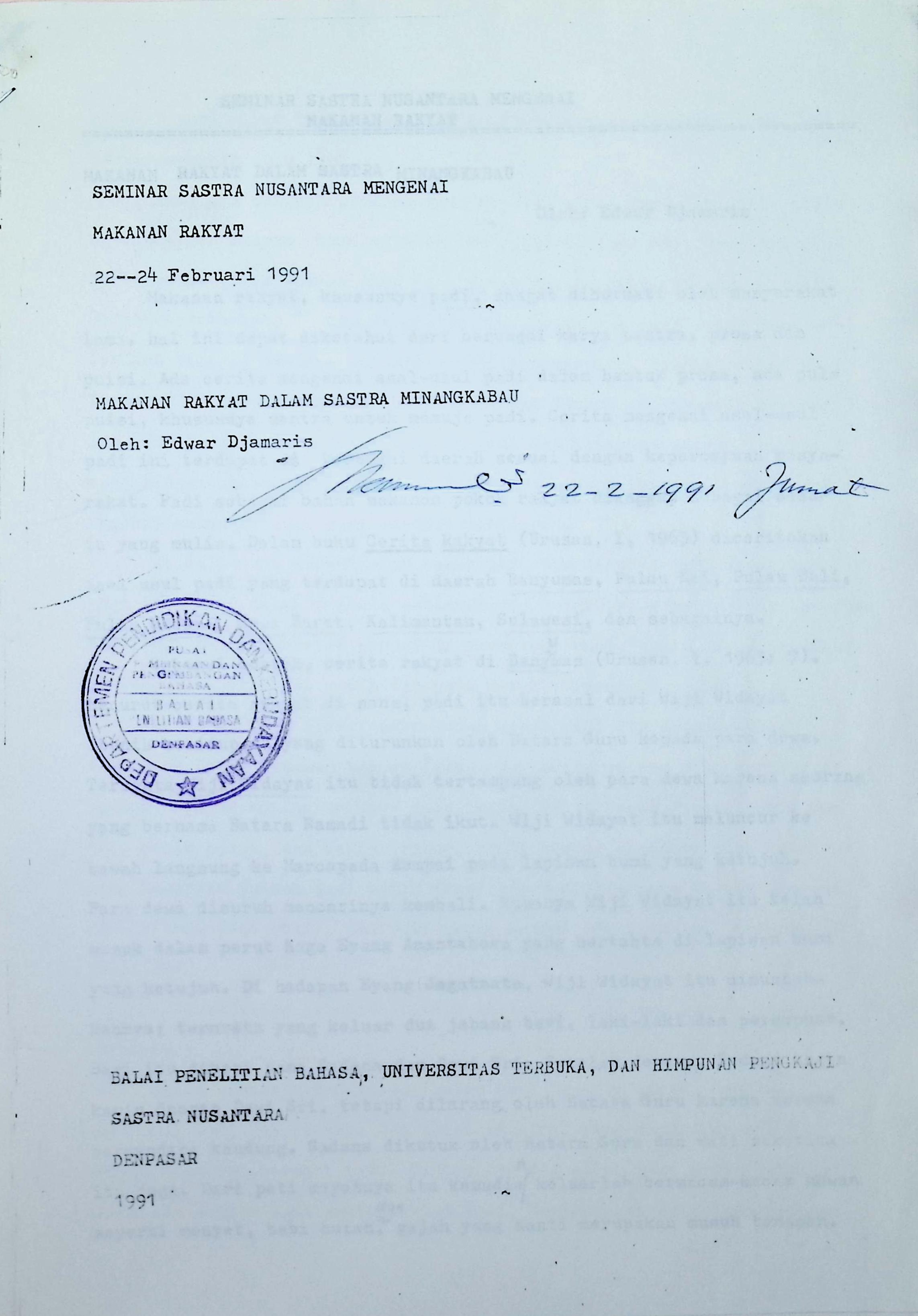 Makanan rakyat dalam sastra Minangkabau