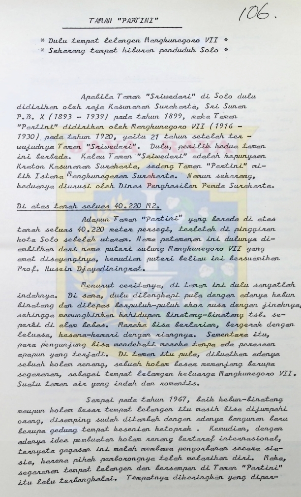 TAMAN "PARTINI" : dulu tempat lelangen mangkunegoro VII, sekarang tempat hiburan penduduk solo
