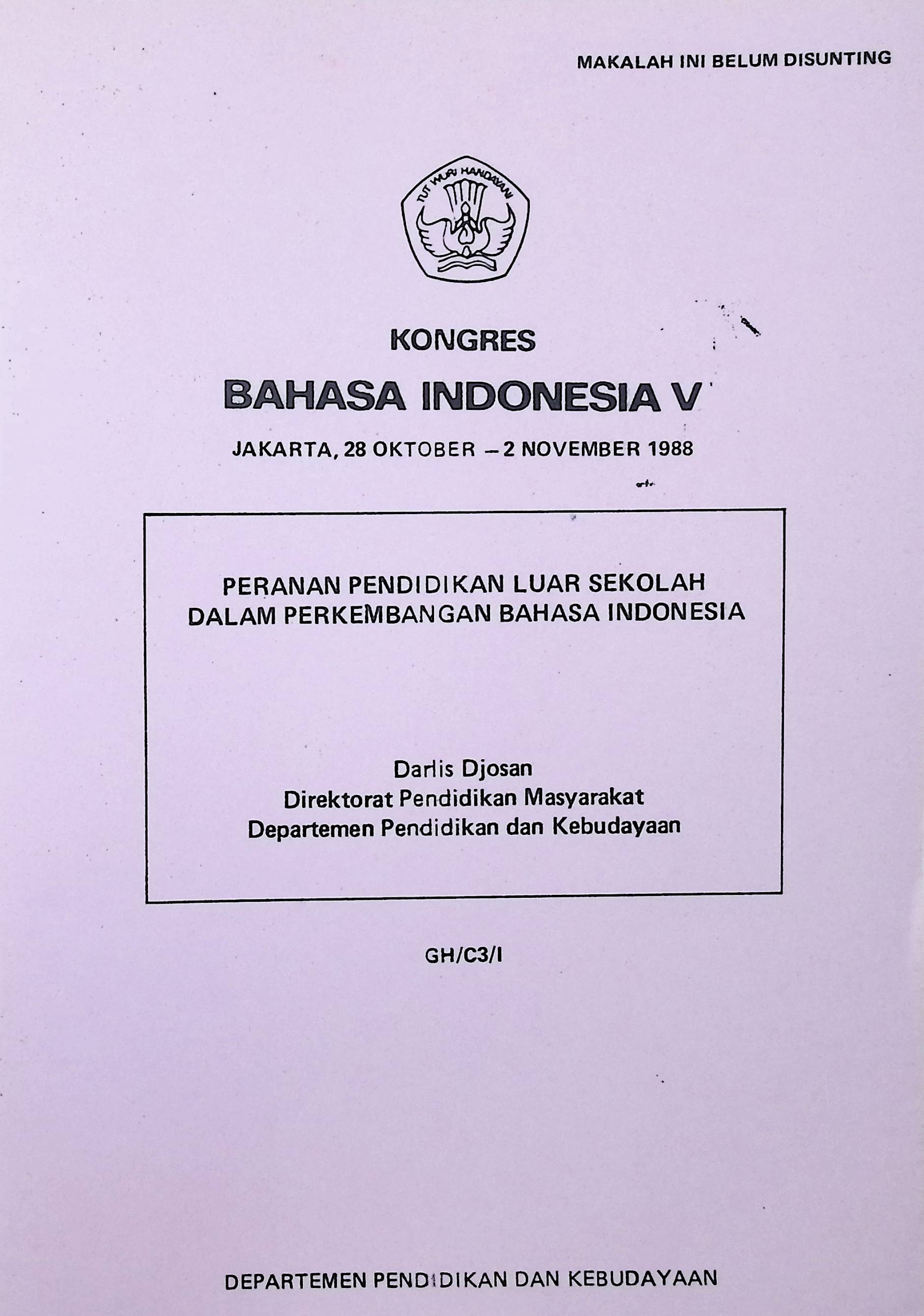 Kongres bahasa Indonesia V. Peranan pendidikan luar sekolah dalam perkembangan bahasa Indonesia