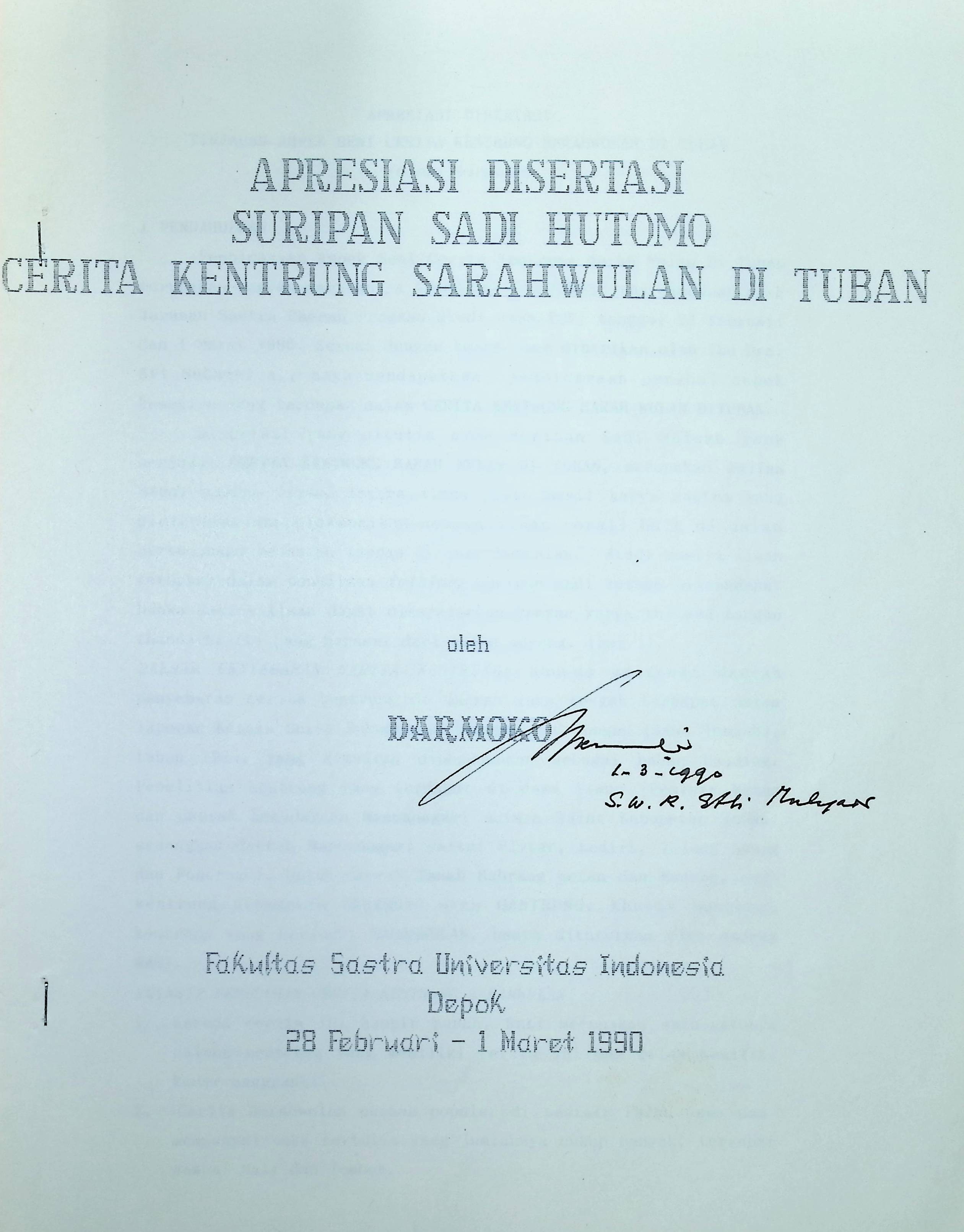 Apresiasi Disertasi Suripan Sadi Hutomo cerita kentrung sarahwulan di Tuban