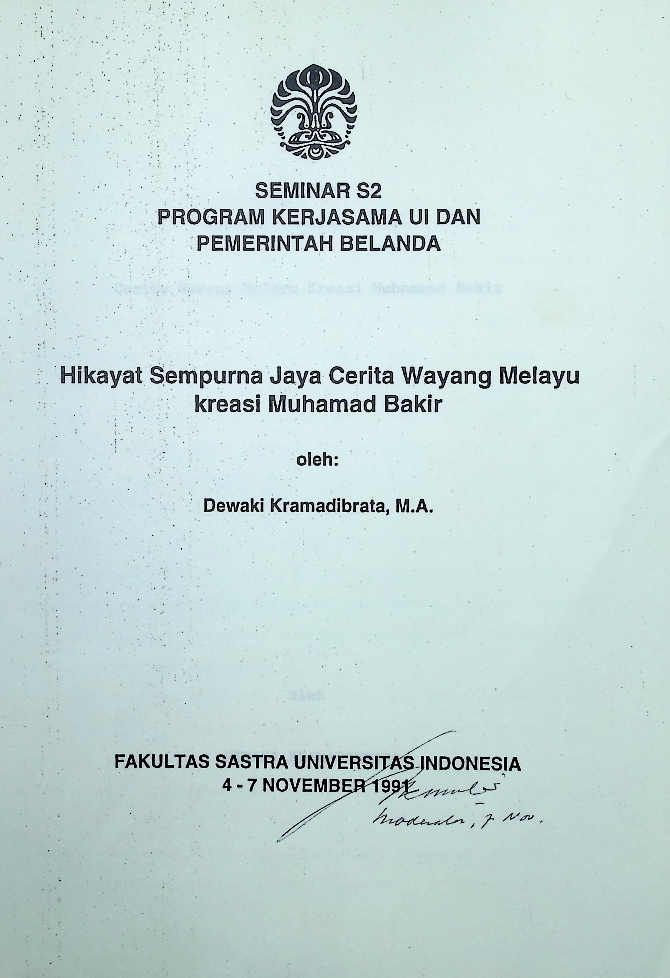 Hikayat sempurna jaya cerita wayang melayu kreasi Muhamad Bakir