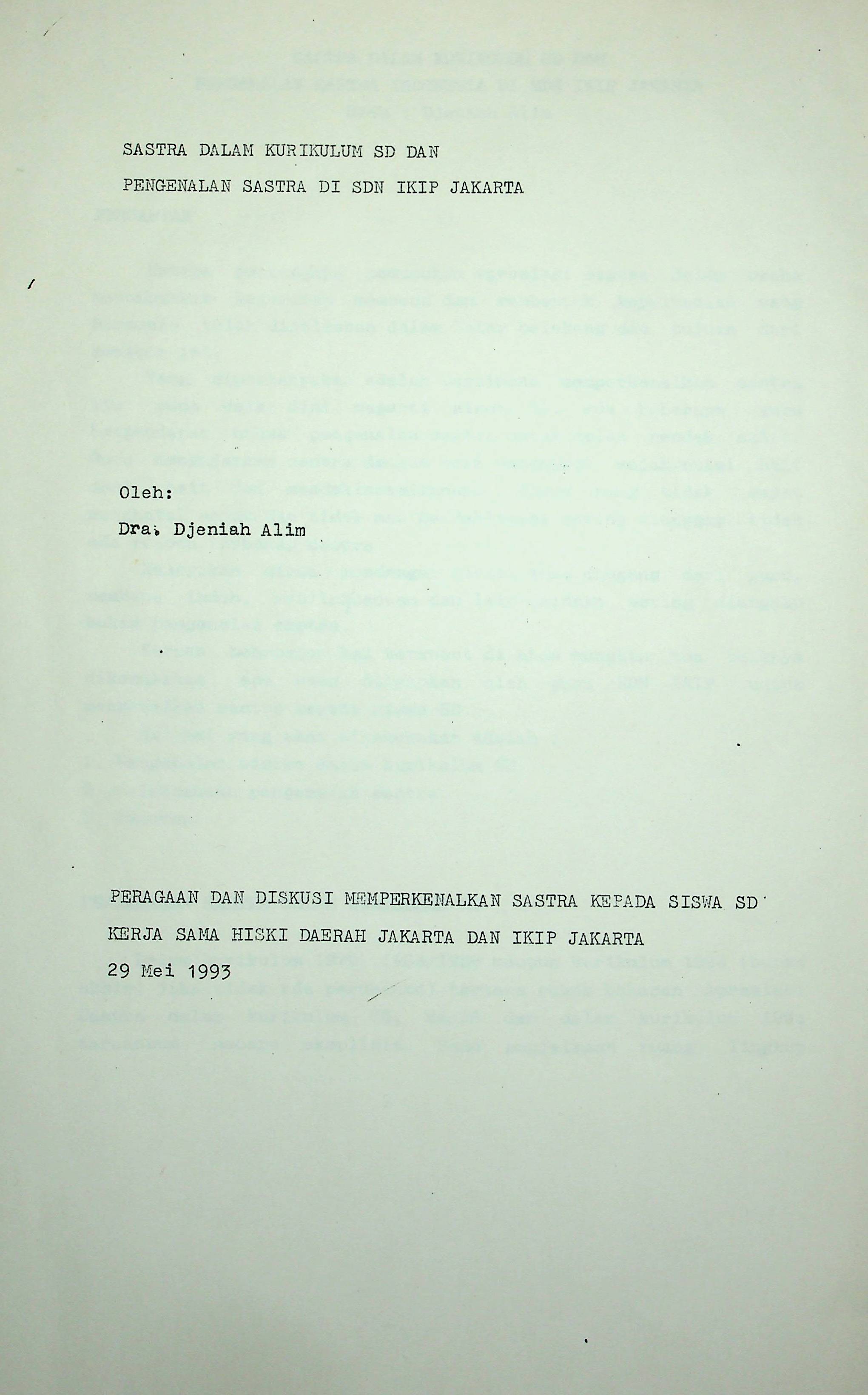 Sastra dalam kurikulum SD dan pengenalan sastra di SDN IKIP Jakarta