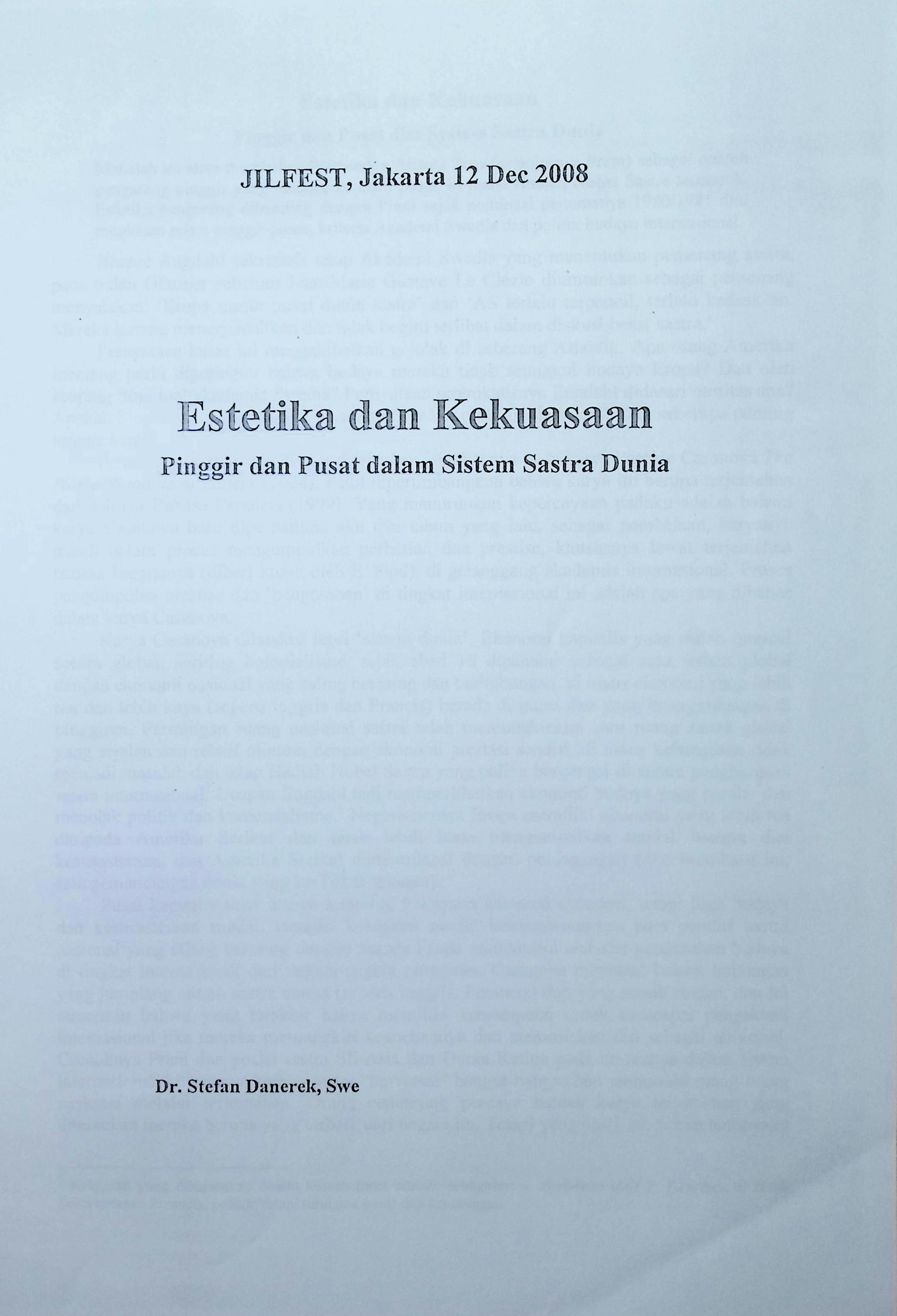 Estetika dan kekuasaan : Pinggir dan pusat dalam sistem sastra dunia